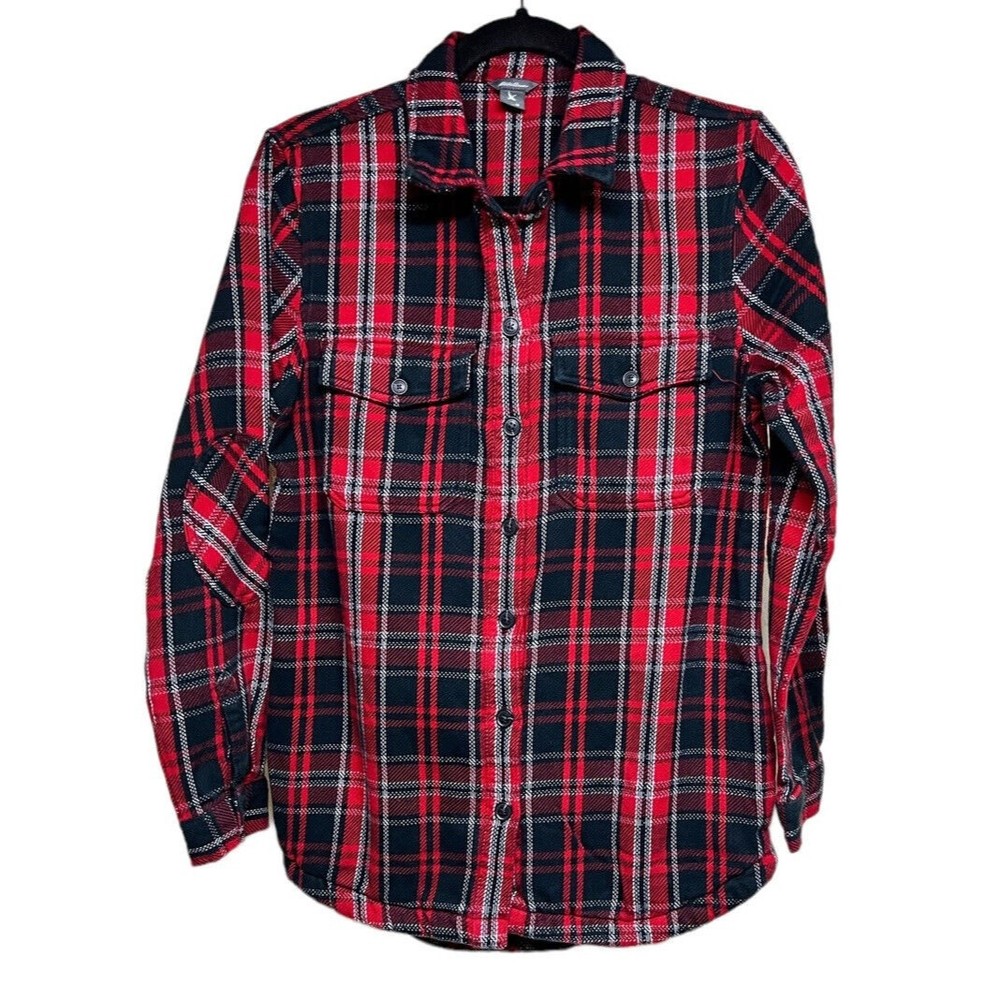Eddie Bauer Red Plaid Flannel Button Shirt Jacket‎ Shacket Women’s Size Medium